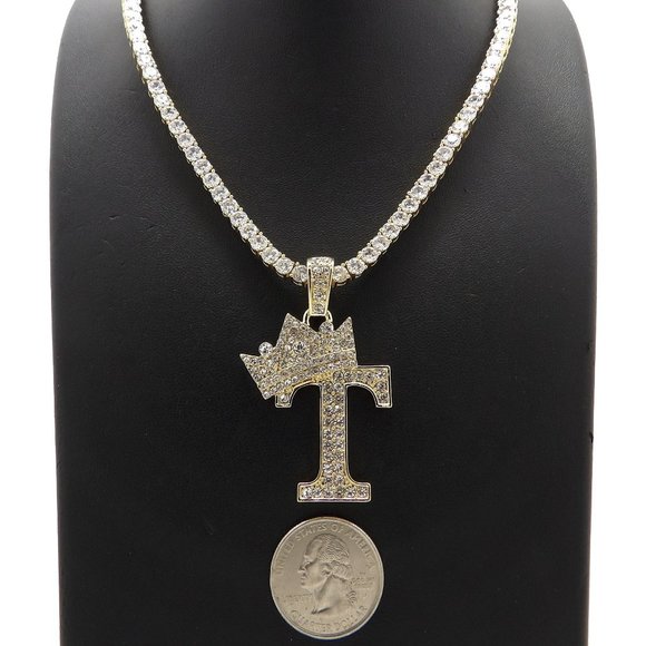 Initial Letter "T" Pendant Tennis Chain Necklace - Picture 1 of 10